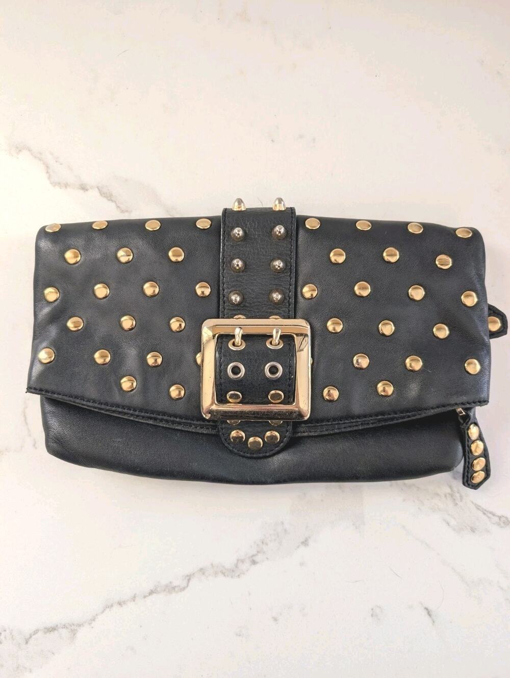 Besso Black Leather Clutch Gold Studded Buckle Fold Over Bag 10.5x6 Grunge...